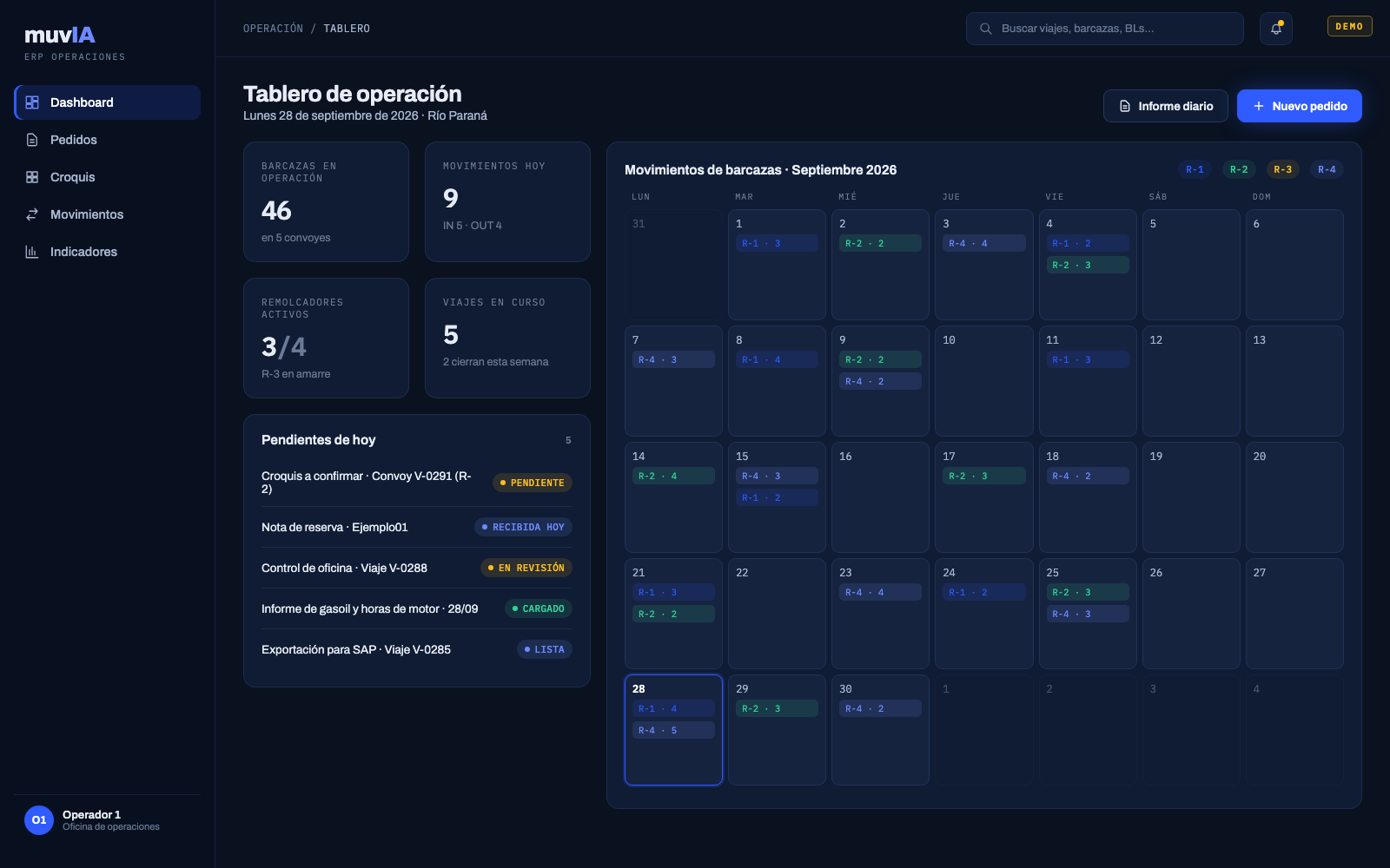Tablero de operación del ERP con calendario mensual de movimientos de barcazas (datos ficticios)