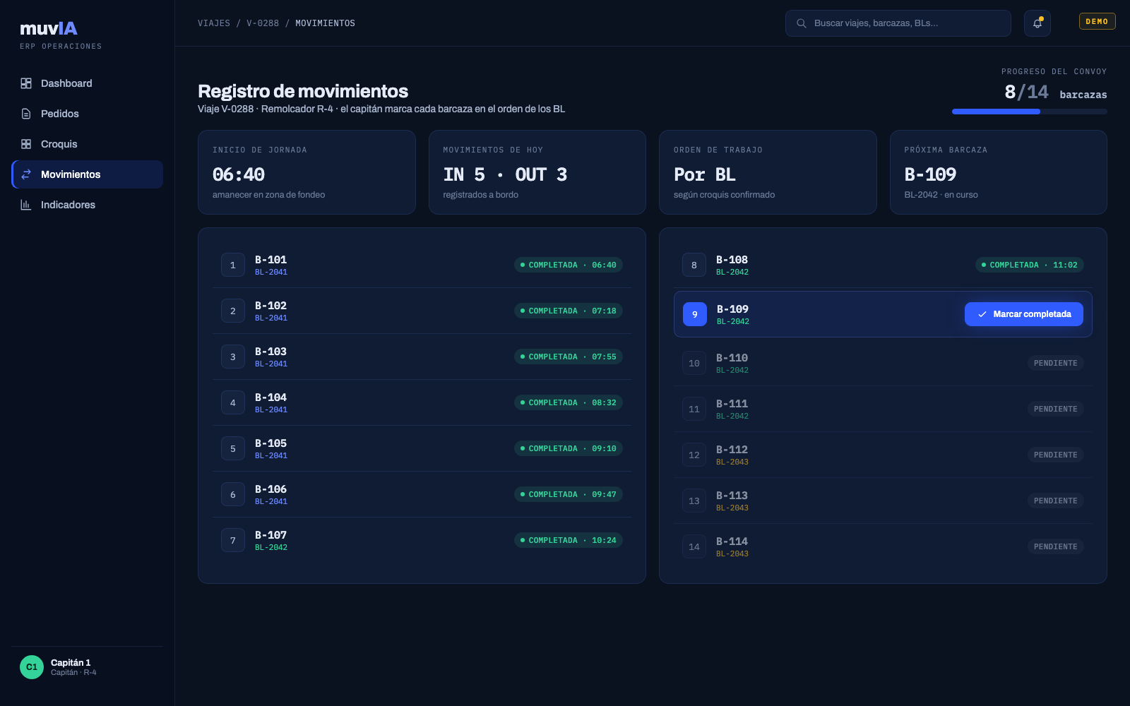 Pantalla del capitán para registrar los movimientos de cada barcaza (datos ficticios)